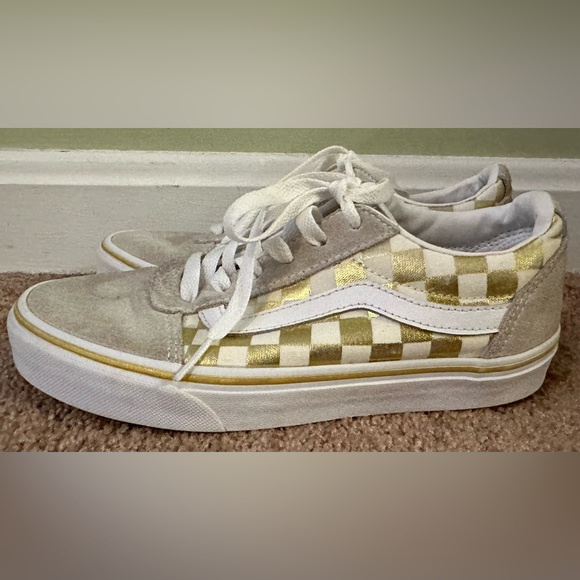 Vans Asher Kids Unisex Gold Laced Canvas Checkered Skate Slip On Shoes Size 6 - Picture 8 of 16